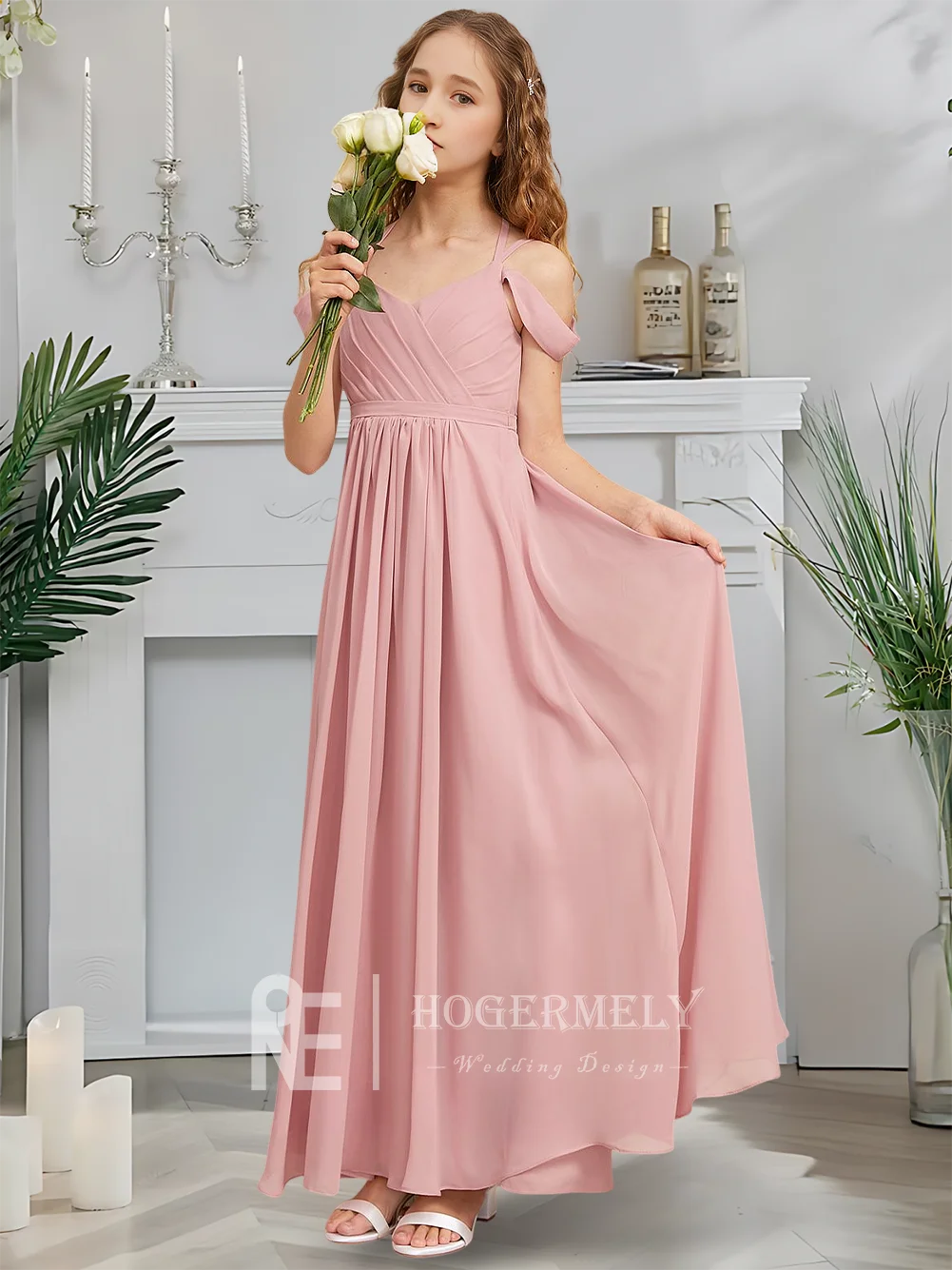 Vestido de dama de honor junior con hombros descubiertos, vestido de niña de flores con rubor para niños, corte en A, largo hasta el suelo, gasa, jardín, gala, fiesta de boda