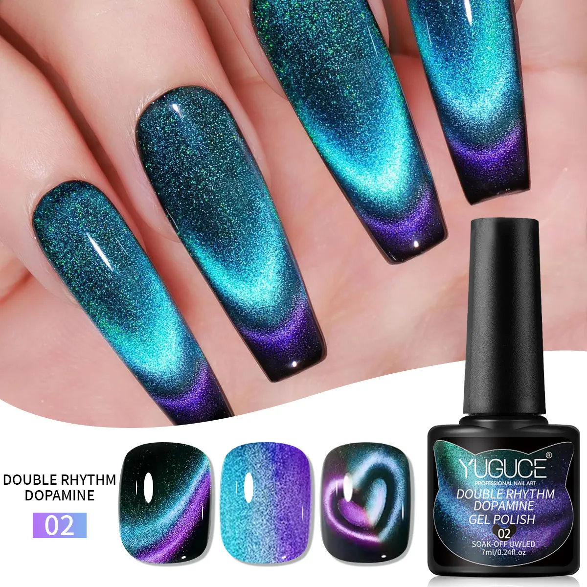 YUGUCE single-stick double-color cat's eye nail polish gel, LED long-lasting shine, alcohol-free formula, suitable for home use