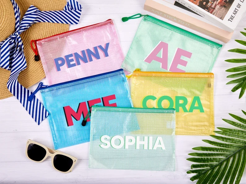 Personalized Shadow Monogram Pool Bag Name Zipper Wet Dry Bridesmaids Wedding Custom Bachelorette Party Name Bikini Bags