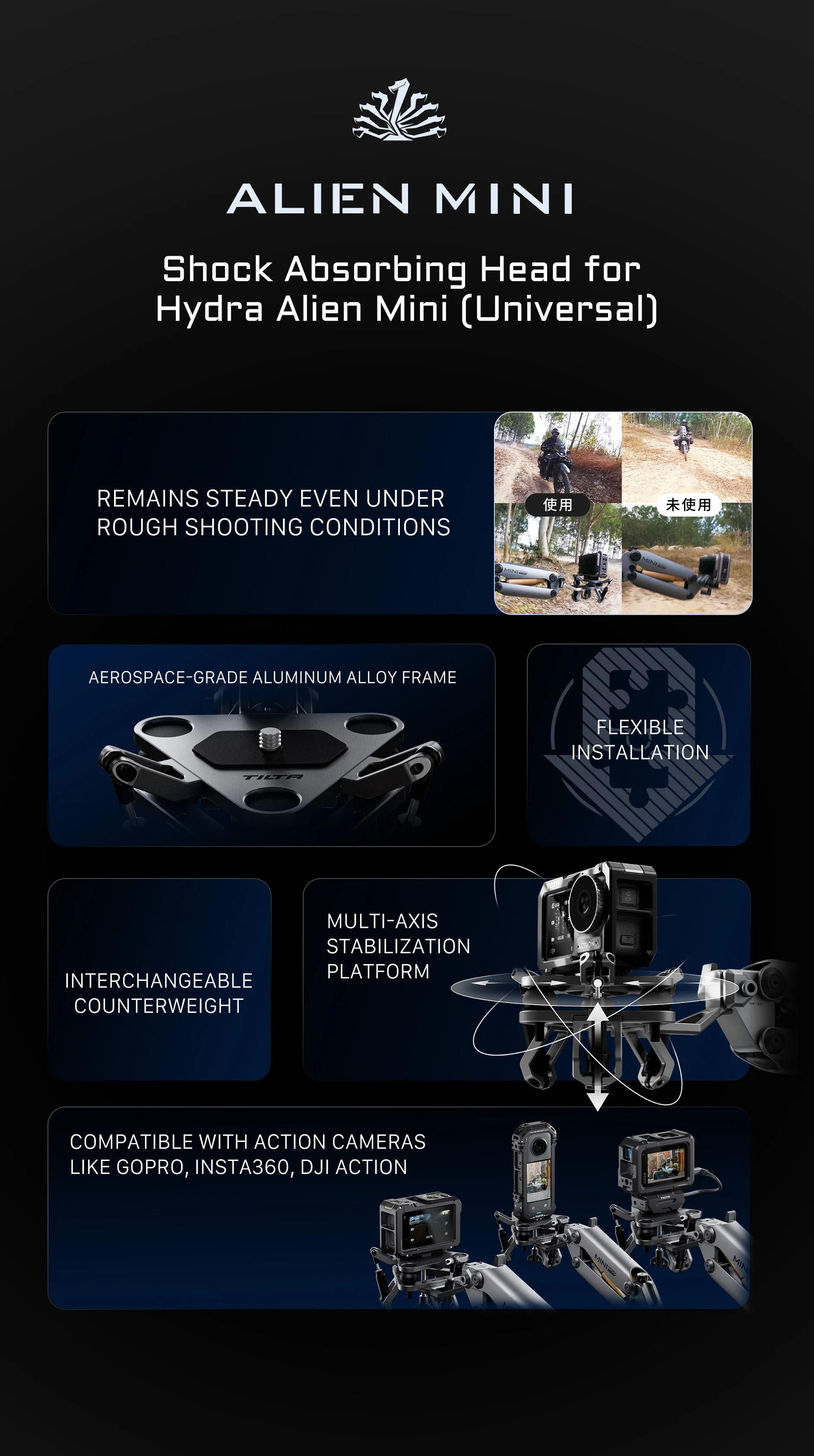 TILTA Hydra Alien Mini Biking mit universellem stoßdämpfendem Kopf für Pocket3/Pocket4pro/Go Pro10/11/12/Action4/5pro/Insta360 X3/4 – Detail 13