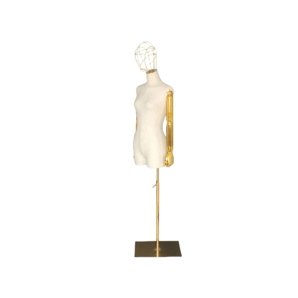 Wire Gold Head Gold Articulated Arms Linen Female Mannequin Dress Form Autumn