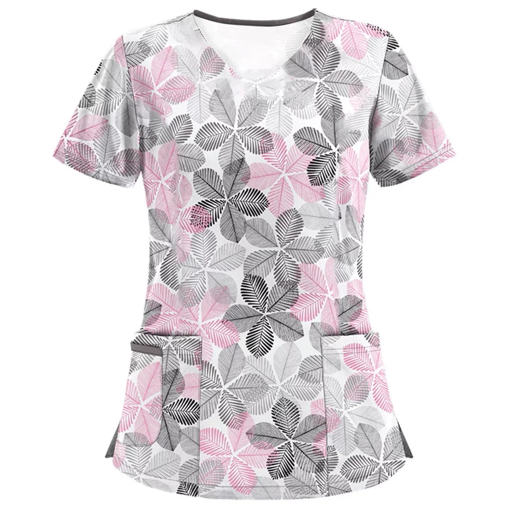 Medico Surgical Uniforms Women Short Sleeve Floral Print V Neck Pockets Dental Women Nurse Scrubs Beauty Therapy Medical Uniform