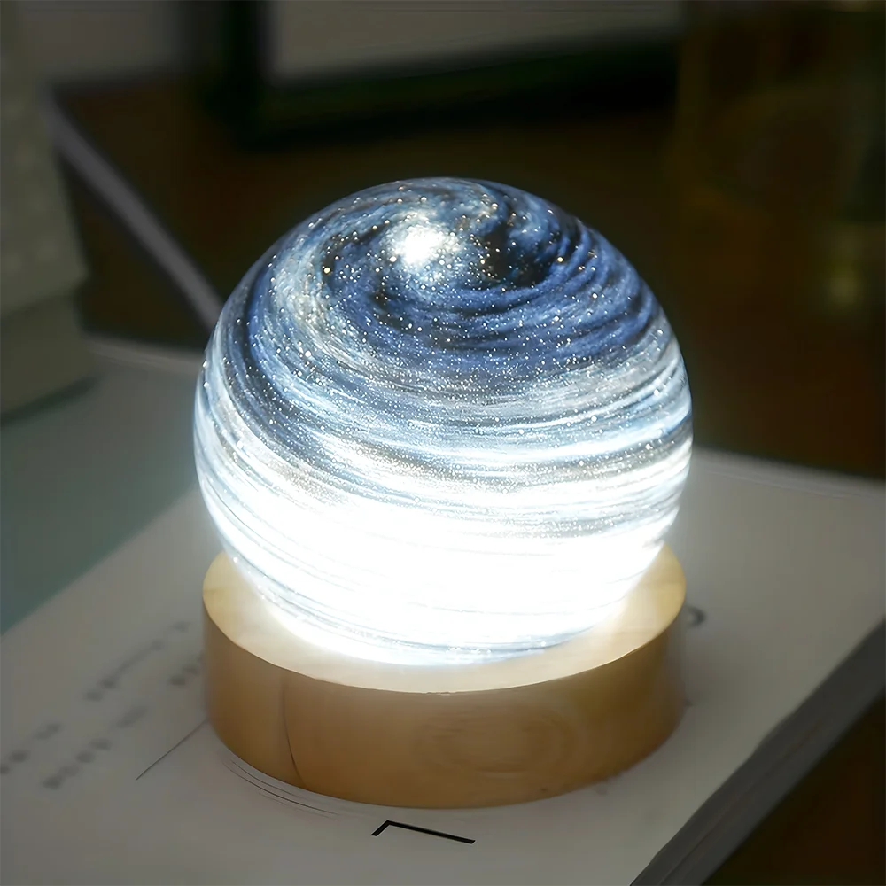 LED home decoration 3D Saturn crystal ball, USB powered night light with wooden stand, Aesthetic gift for children and friends