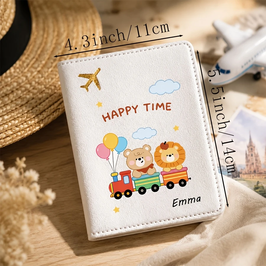 A Cute Cartoon Animal Bear-pattern Passport Cover with Customizable Name, Text Passport Book Holder, Universal Airplane Passport view 2