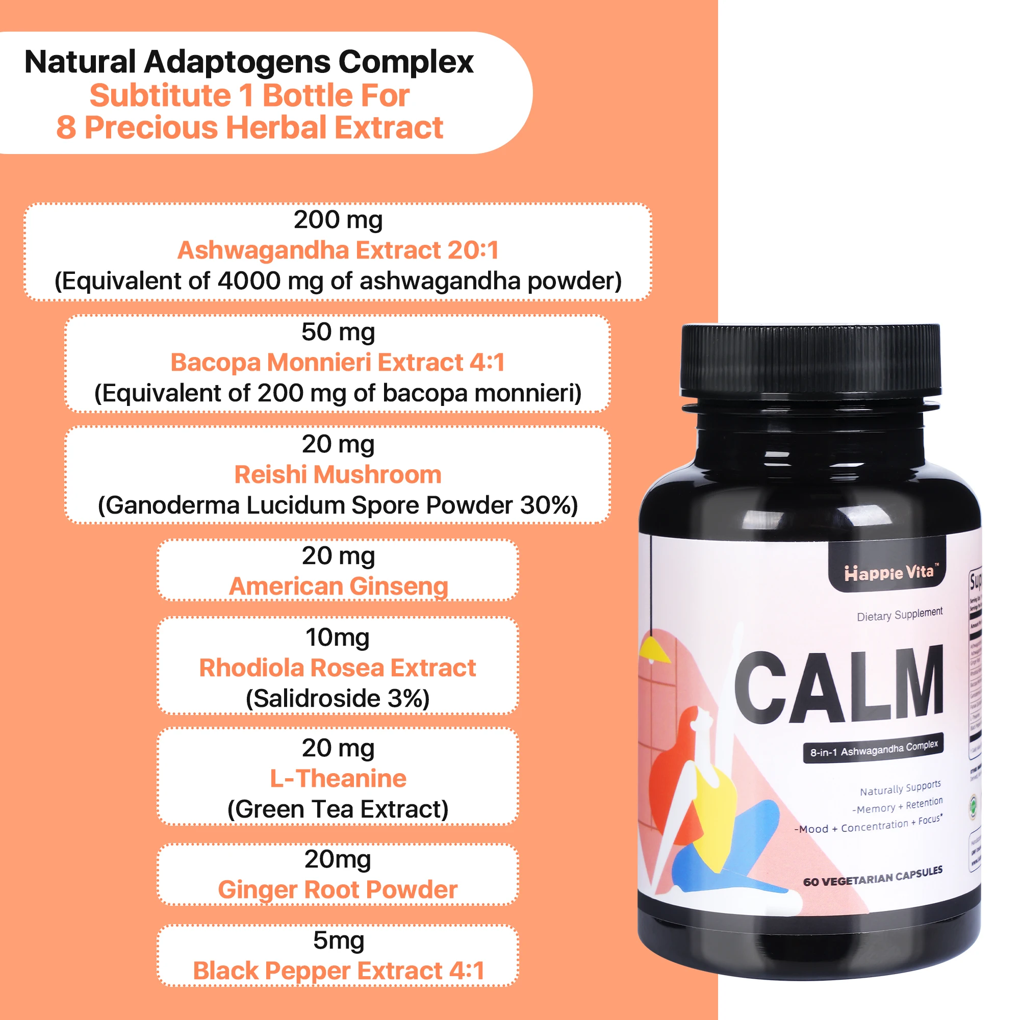 Calm Ashwagandha Supplements, Ashwagandha 4000mg with Rhodiola Rosea, Reishi, Ginseng, Bacopa, L Theanine, Natural Adaptogens No