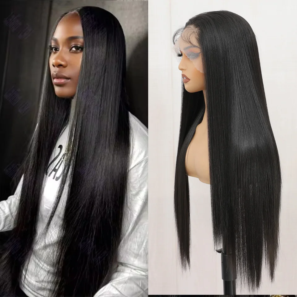 

13X4 Synthetic Lace Front Wig For Women Natural Black Straight Pre Plucked Bleached Knots With Baby Hair Soft Cosplay Daily Wigs