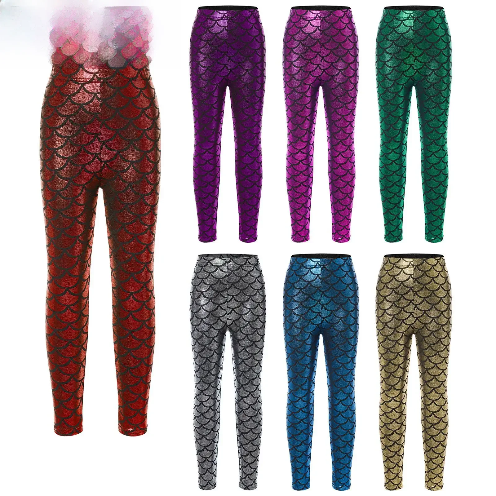 Dziecięce dziewczęce spodnie syrenka metaliczne legginsy z rybiej łuski rozciągliwe rajstopy legginsy na występy taneczne kostiumy na imprezę Cosplay — zdjęcie 2