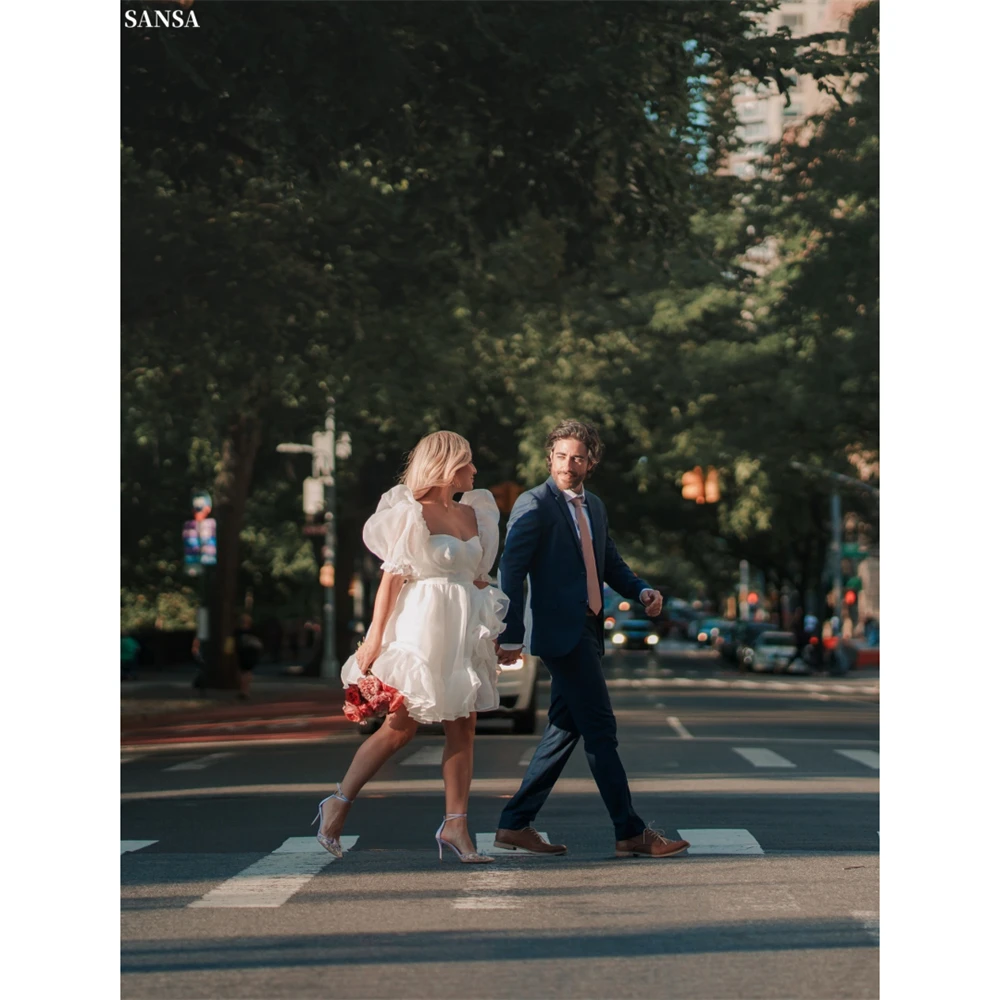 

Sansa Customized White Simple A-Line Square Collar Prom Dresses Split Puff Sleeve Vestidos De Noche Knee-Length Formal Evening