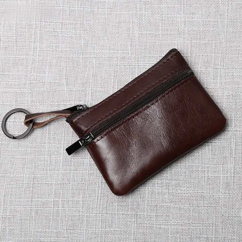 Mini bolsa de moedas de couro unissex simples portátil primeira camada retro artesanal zíper pequena