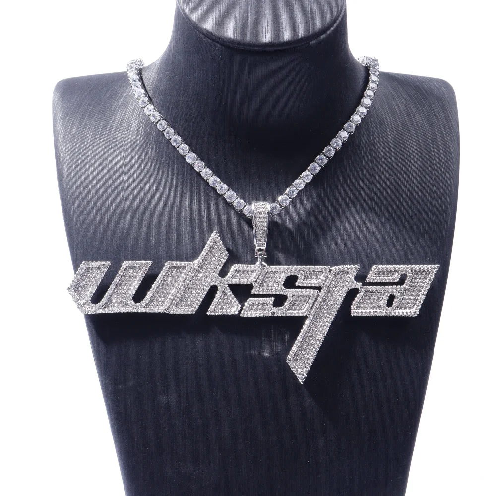 Custom Italics Word Pendant Chain Personalized Cubic Zircon Diamond Name Necklace Sporty Style Hip Hop Jewelry Gift For Him Her