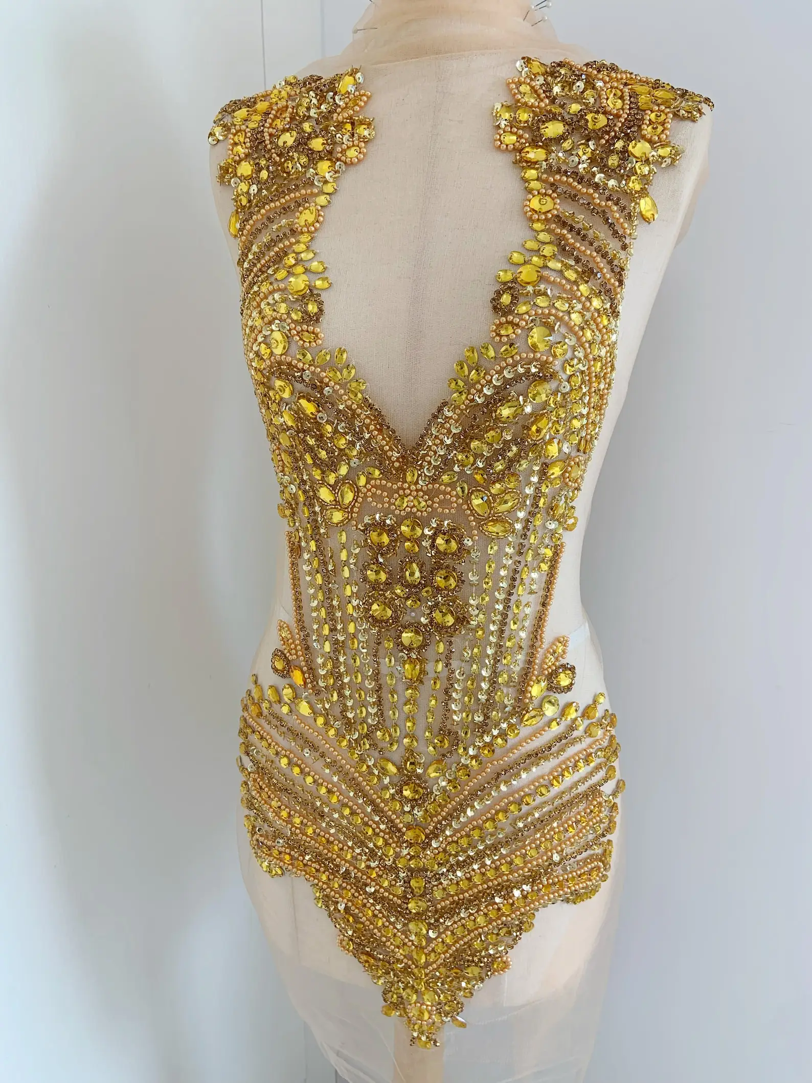 Large Gold Rhinestone Bodice Applique Vintage Style Crystal Patch Haute Couture Supplies