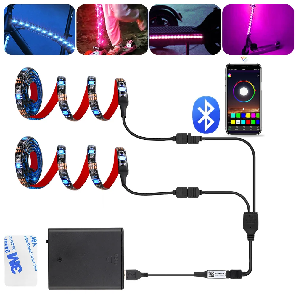 usb bluetooth rgb led luz de tira alimentado por bateria scooter flexivel fita led backlight para bicicleta skate iluminacao da bicicleta 01