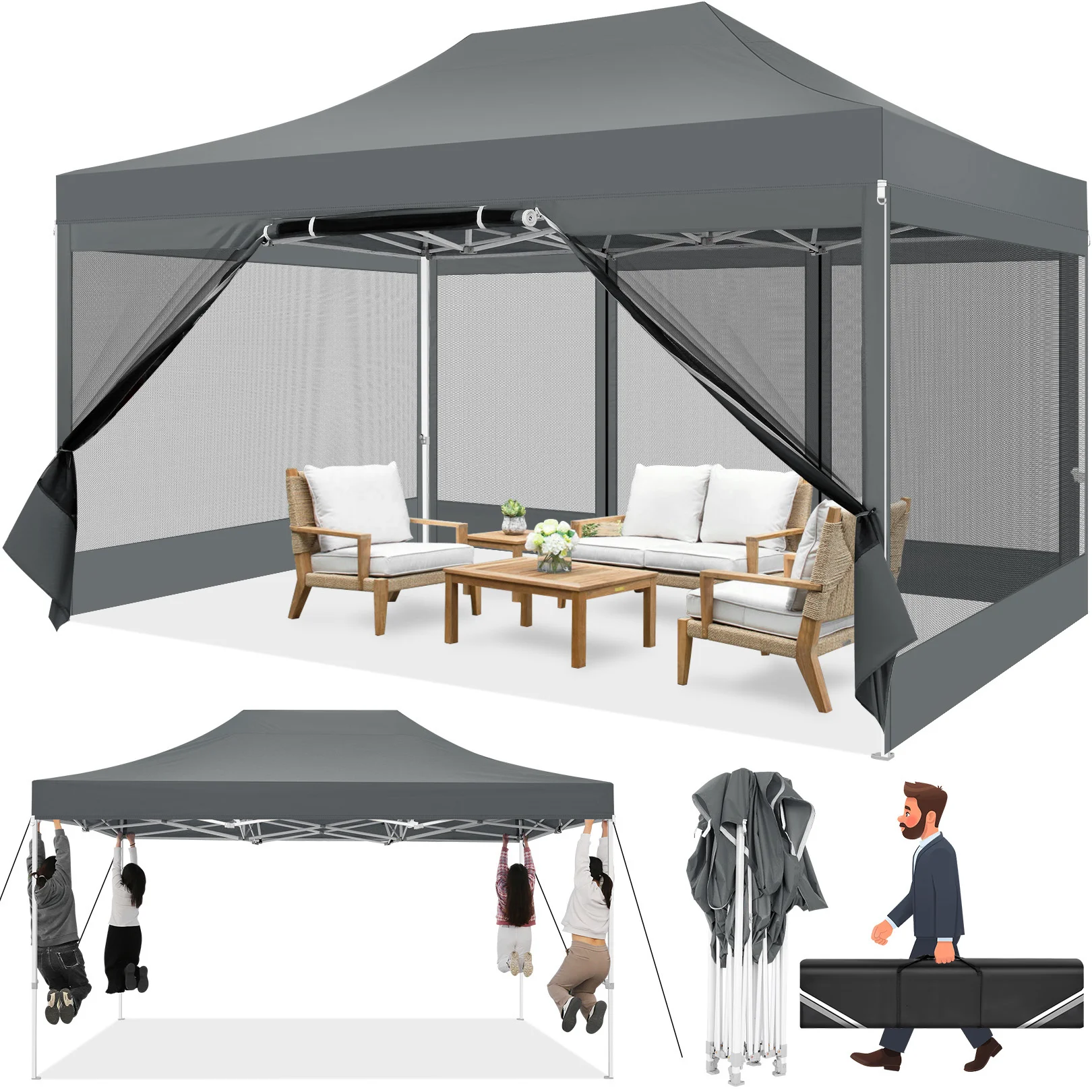 10x15FT Heavy Duty Pop Up Canopy Tent with Mosquito Netting Sidewalls | UPF 50+&Waterproof, Rust-Resistant Steel Frame, Tool-Free Instant Setup, 420D Oxford, 1080D Reinforced Bag, Commercial Grade