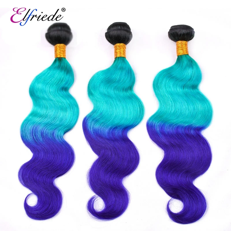 Elfriade-mechones de cabello humano ondulado, cabello con Frontal 100%, color azul claro y azul, 3 mechones con encaje Frontal transparente, 13x4, #