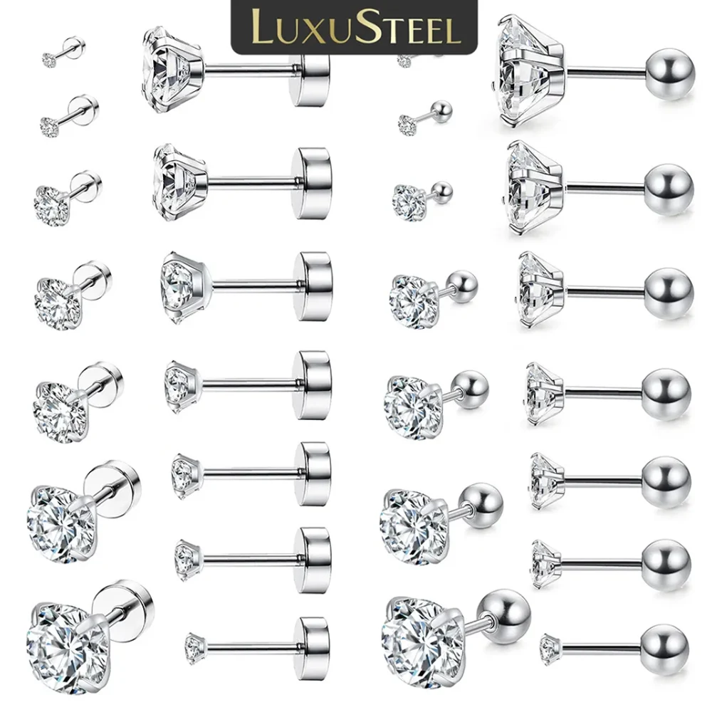 LUXUSTEEL-Piercing redondo de acero inoxidable para mujer y hombre, aretes de circonita cúbica, Color plateado 2023 brillante, joyería corporal