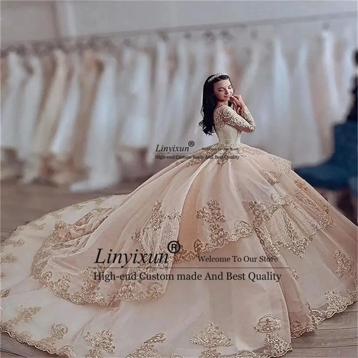 Luxury Champagne Quinceanera Dresses With Lace Appliqued Crystal Ball Gown Sweet 16 Dress Customized Vestido De VX 15 Anos