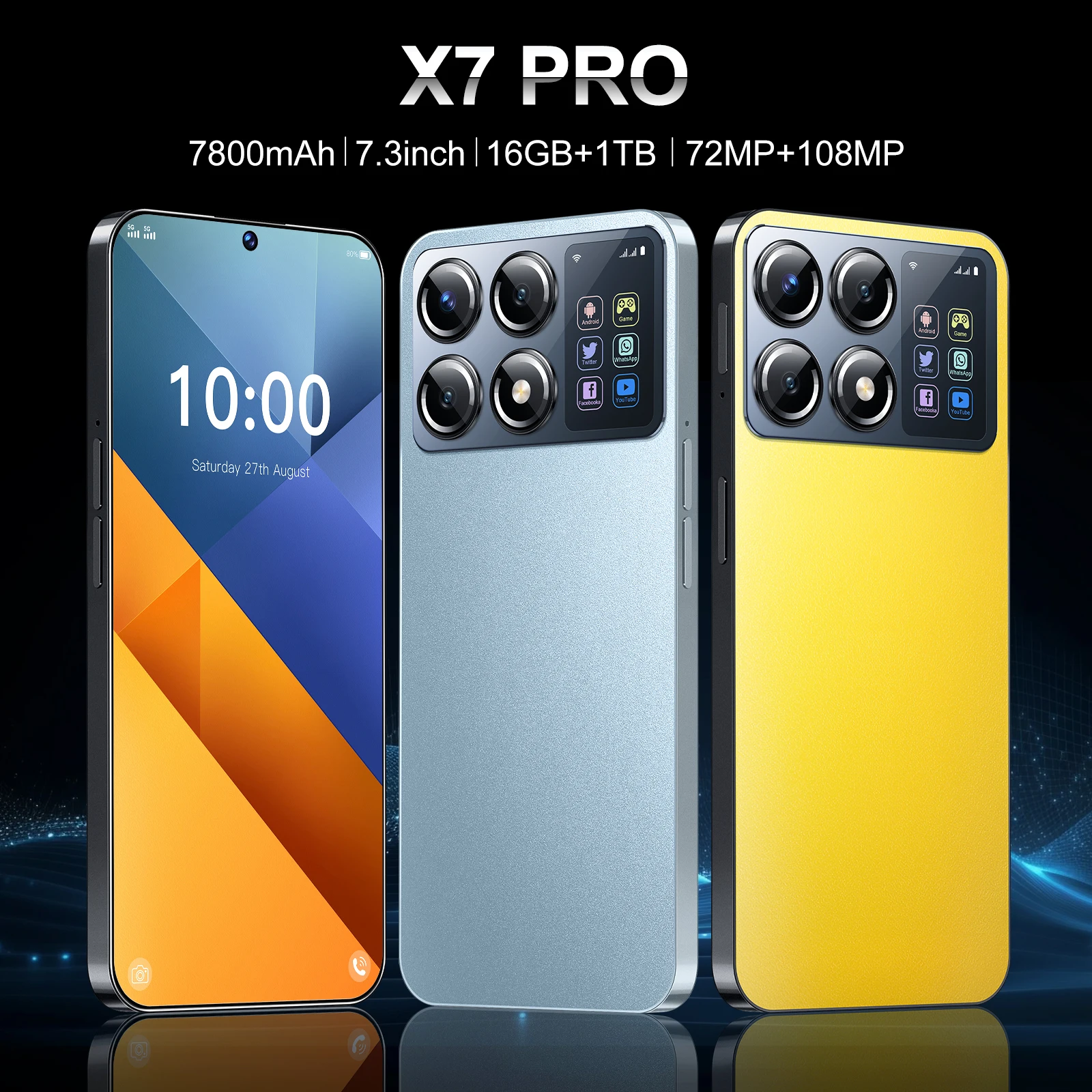 Global Version 2025 New X7 Pro Smartphone 7.3 inch Full Screen 4G/5G Cell Phone 16TB+1TB 7800mAh Mobile Phones 108MP Celulares