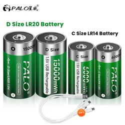 1.5V D Size Rechargeable Battery 15000mWh USB Charging LR20 Li-ion Batteries 6000mWh C Size Battery Type C LR14 Li-ion Battery