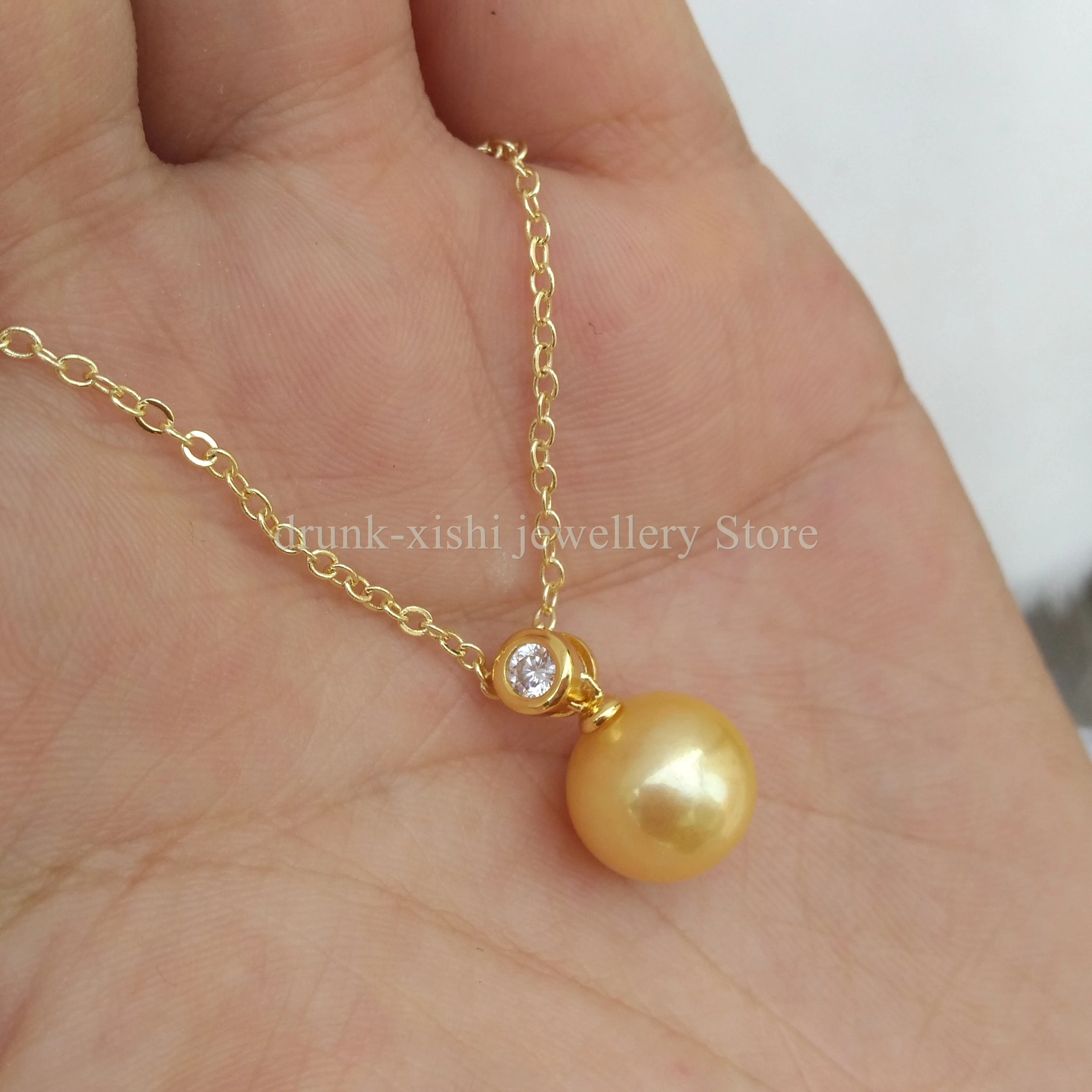 

At Daily Wedding Natural Choker Station Chain Real 10-11mm Golden Pearl Necklace Pendant Free Shipping