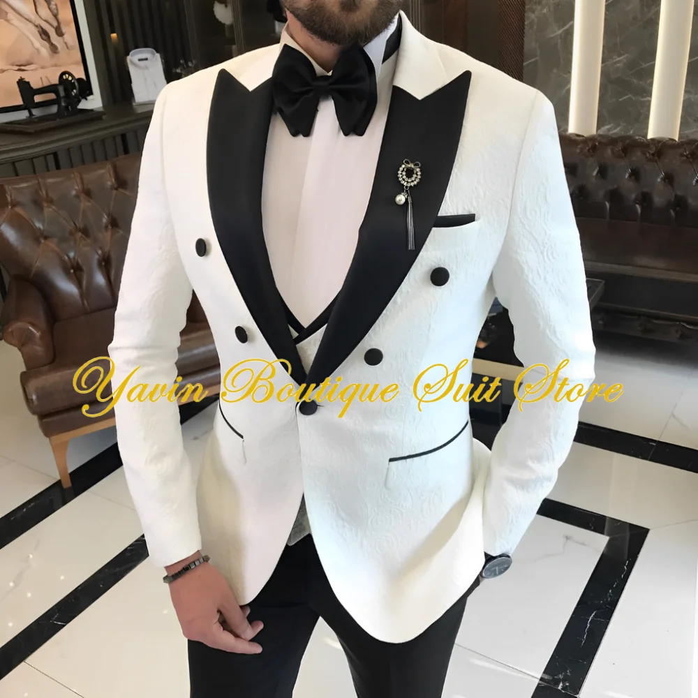 Jacquard Men\'s Suit 3 Pieces Slim-fit Jacket Vest Pants Prom Peaked Lapel Blazer Custom Made Groom\' Wedding Tuxedos