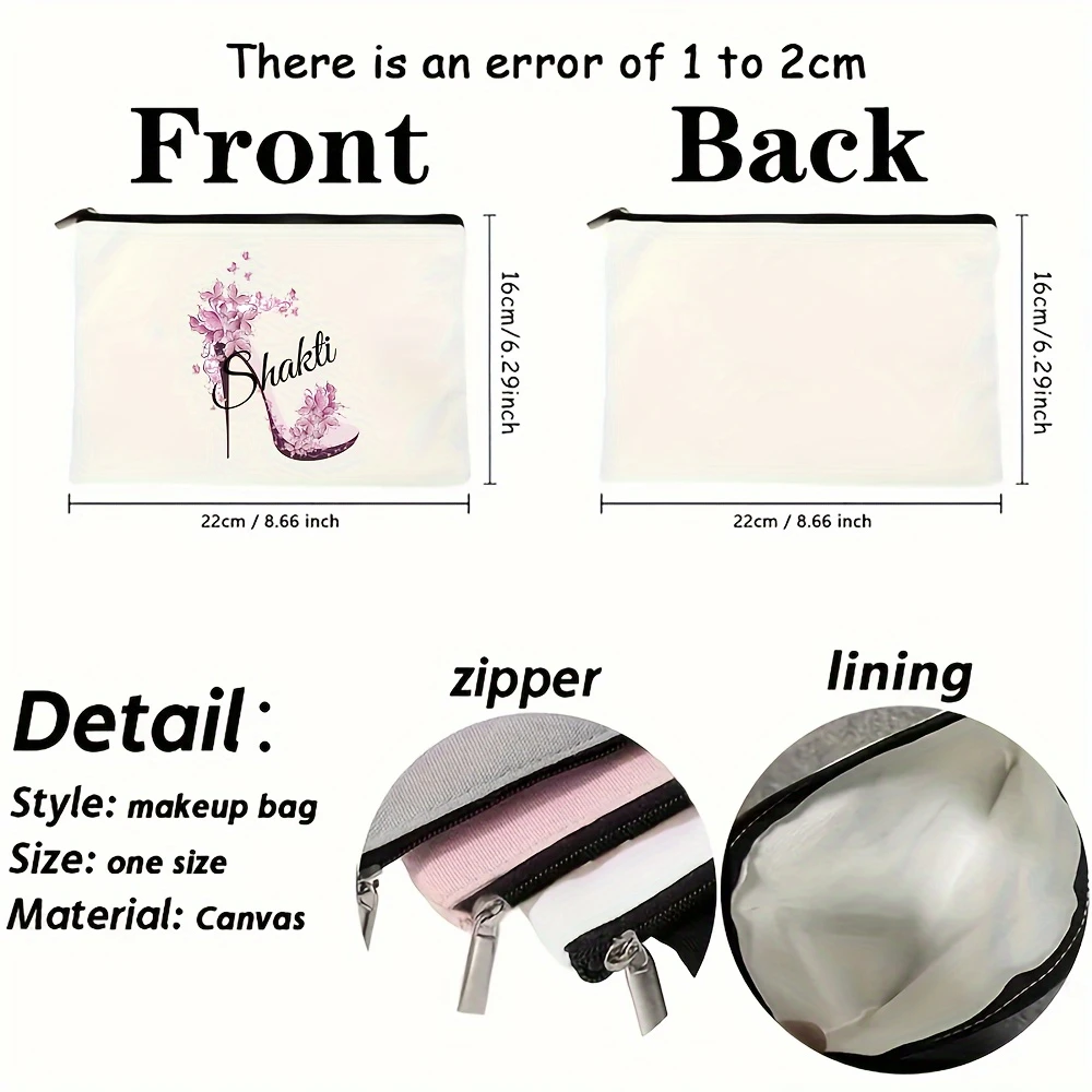 Personalized Polyester Makeup Bag with Custom Name, Pink Butterfly & High Heel Print, Large Capacity Zippered Cosmetic Pouch