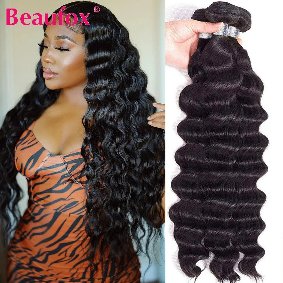 Beaufox Loose Deep Wave Bundles Brazilian Hair Weave Bundles 30 Inch Human Hair Bundles Remy Curly Hair Extensions Double Weft