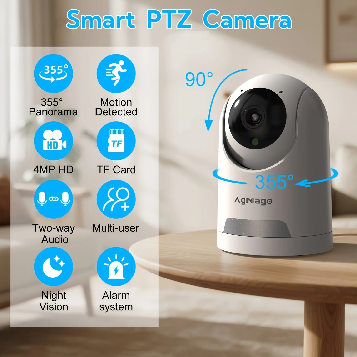 Agreago 4MP HD  Smart WiFi Security Camera 5G/2.4GHz Indoor Surveillance Camera, 360° PTZ, 2-Way Audio, Night Vision