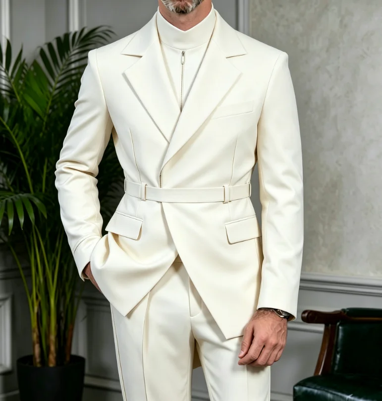 Ivory men's safari suit classic 2-piece set gold buttons stand-up collar jacket pants custom tuxedo for wedding groom party