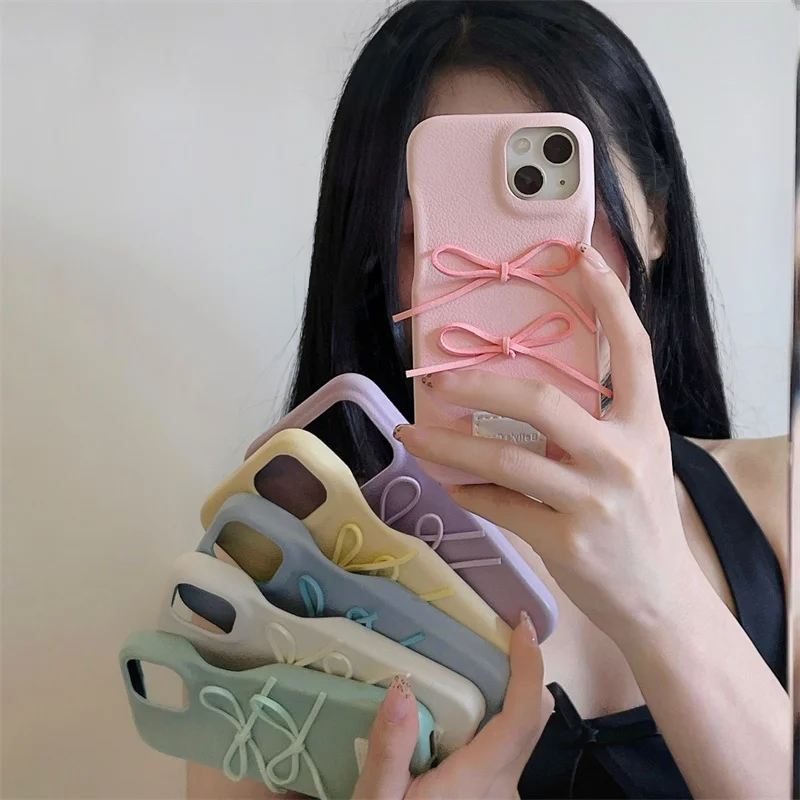 

Korean Cute Bow Phone Case For iPhone 15 Pro 12 13 14 Pro Max Cover Shockproof Protective Cases 14pro Candy Color Leather Funda