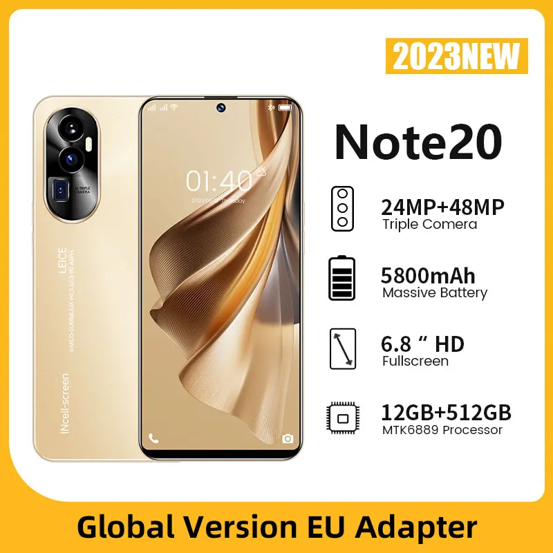 NOTE20 + Versão Global de Smartphone, Celular, 6.8 ", Android 13, 8GB, 256GB, 128GB, WiFi, Gaming Celular, Original, 2023