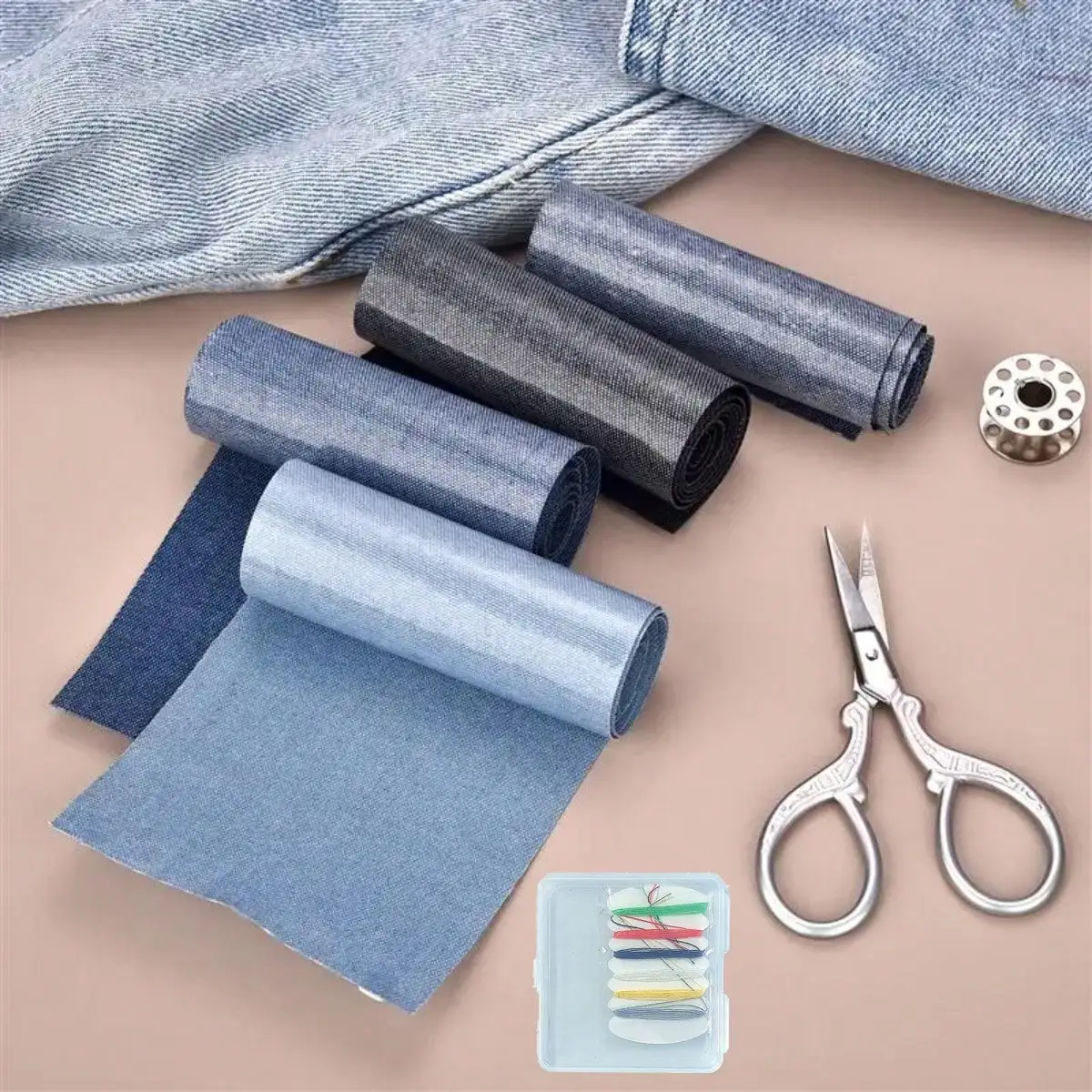 8x50cm 4-farbige Rolle rechteckiger Denim-Patch-Stoff für Kleidung, Schwarz, Blau, langer Bügelstoff zum Selbermachen, zum Schneiden, Kleben, für Jeansjacken und zum Ausbessern
