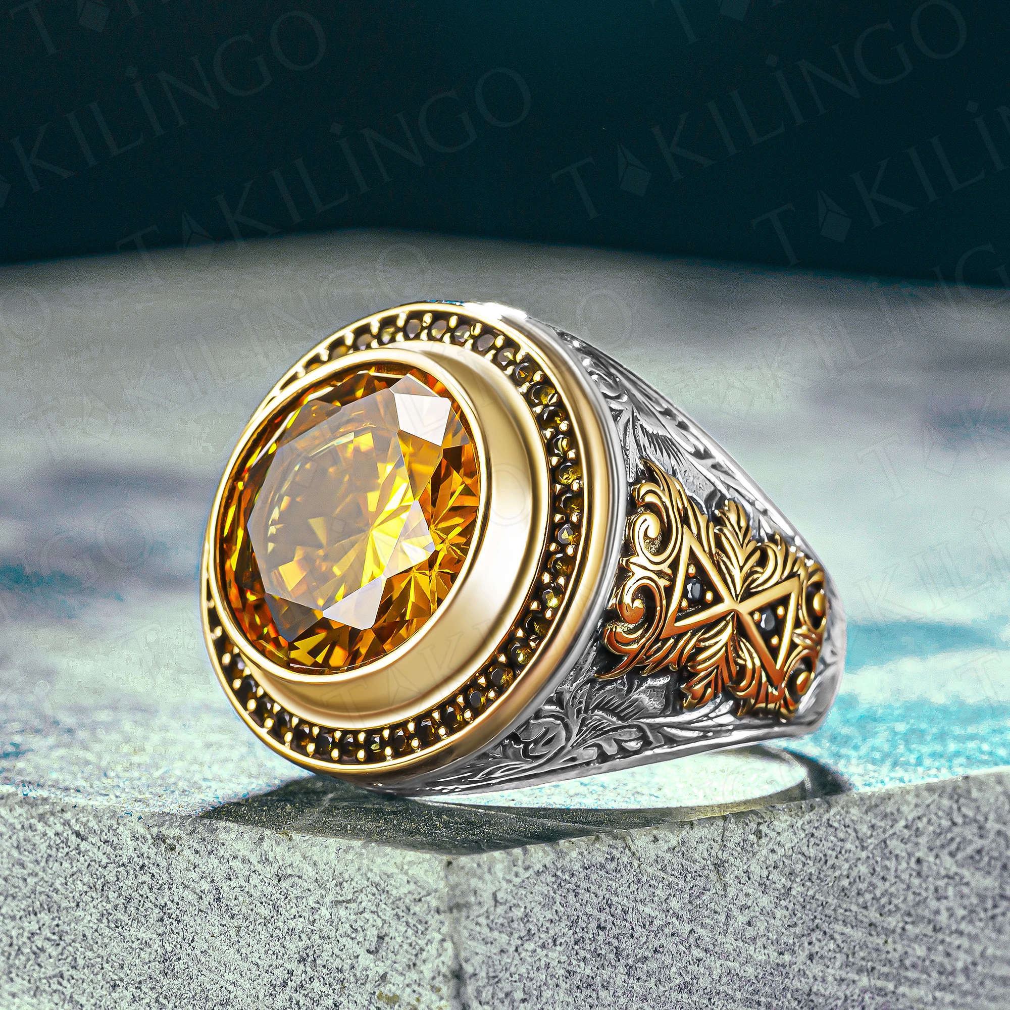 

S925 Sterling Silver Round Yellow Citrine Stone Men's Ring Unique Jewelry Turkish Handmade Gift For Men