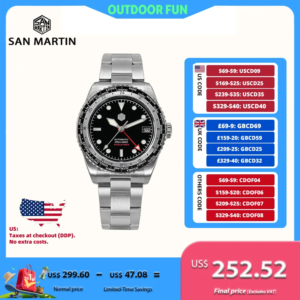 

San Martin 38mm NH34 Sapphire Glass GMT Men's Mechanical Automatic Watch Luminous Male Wristwatch Date 20Bar Waterproof SN0112G