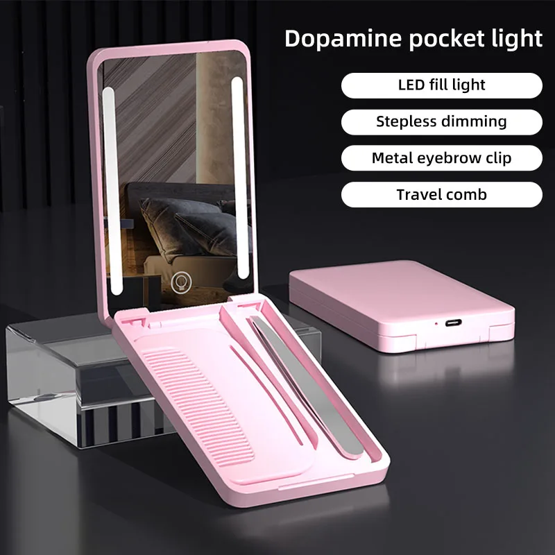 

Mini LED Makeup Mirror Portable Foldable Travel Beauty Mirror with Comb Monochrome Charging Pocket Size