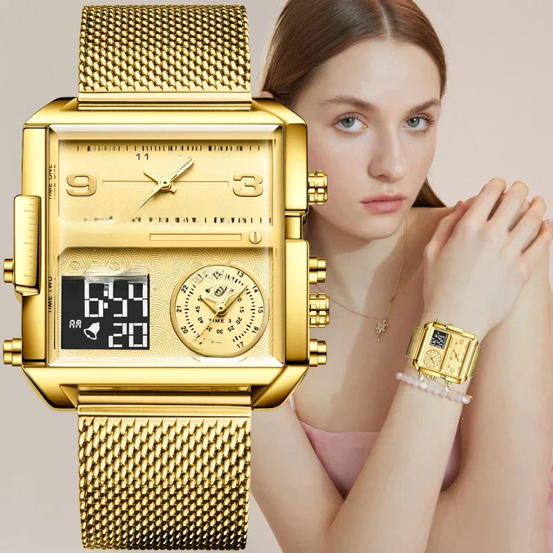 LIGE 2024 moda podwójny wyświetlacz zegarek damski Top marka luksusowe kreatywne kwadratowe zegarki damskie Casual złoty zegarek Relogio Feminino — zdjęcie 2