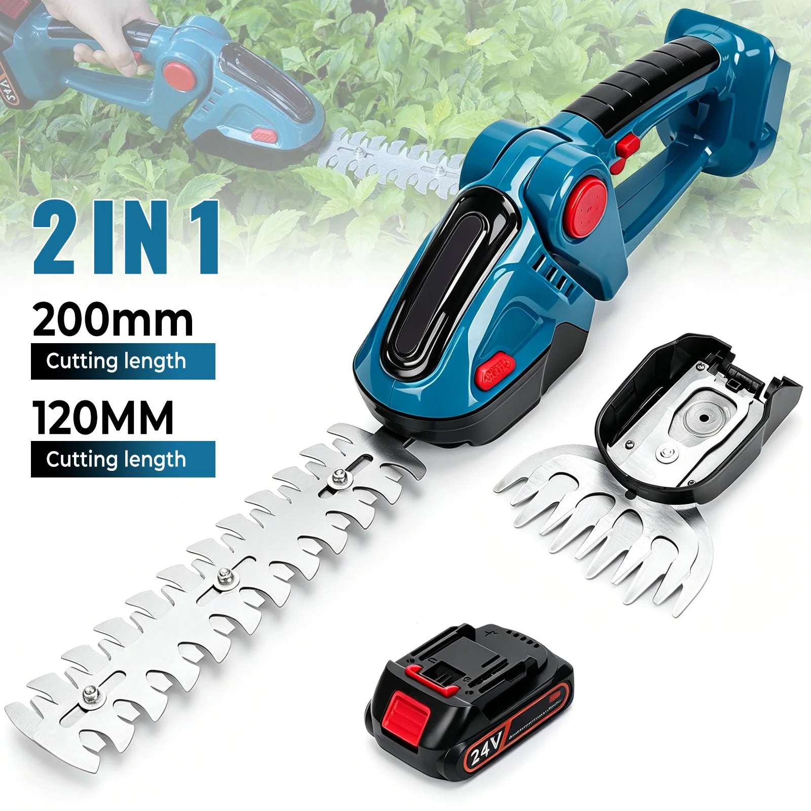 2-in-1 Akku-Heckenschere und Rasenschere, elektrische Handheckenschere mit 2 austauschbaren Klingen (lange Heckenschere + kurze Rasenschere), batteriebetriebenes Gartengerät zum Beschneiden von