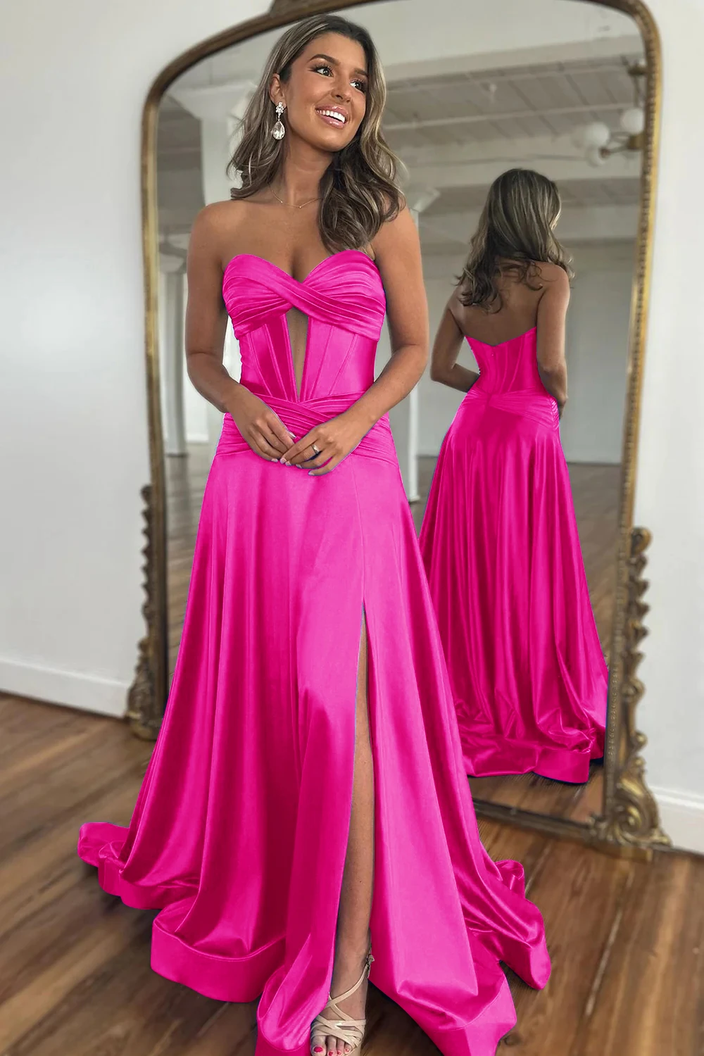 Stylish A-Line Sweetheart Corset Satin Prom Dresses with Split Front Luxury Evening Dress Cocktail Party Gowns robes de soirée