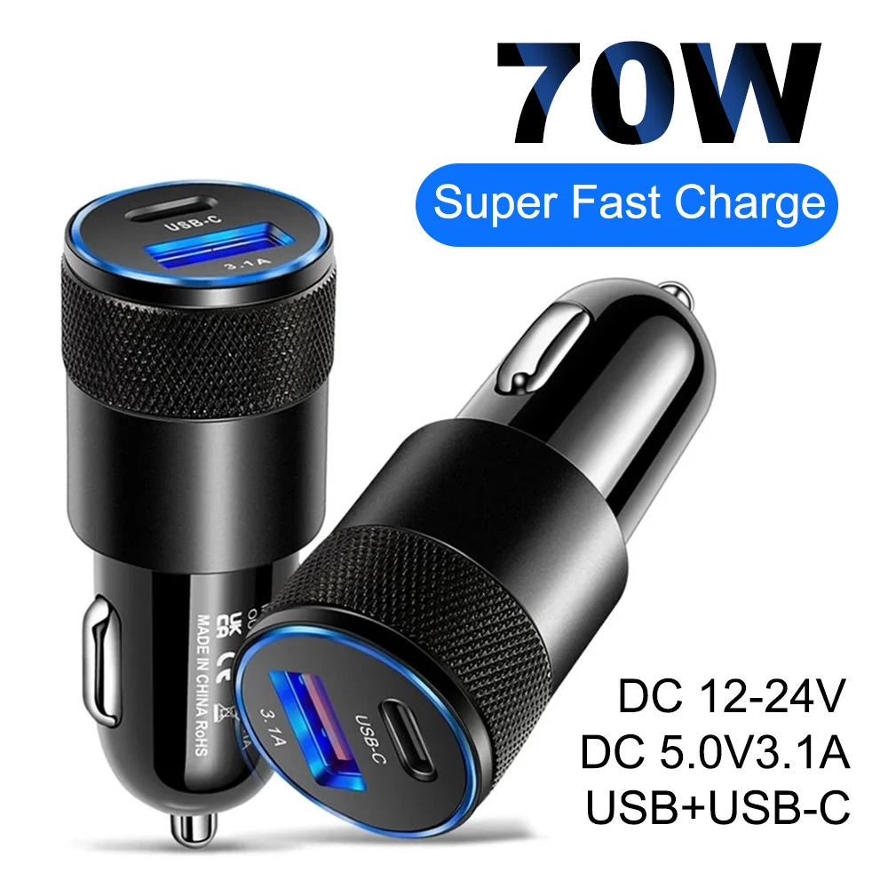 Mini 70W Car Charger PD USB C Quick Charge QC3.0 Fast Charging Type C Car Charger Phone Adapter for iPhone Xiaomi Huawei Samsung