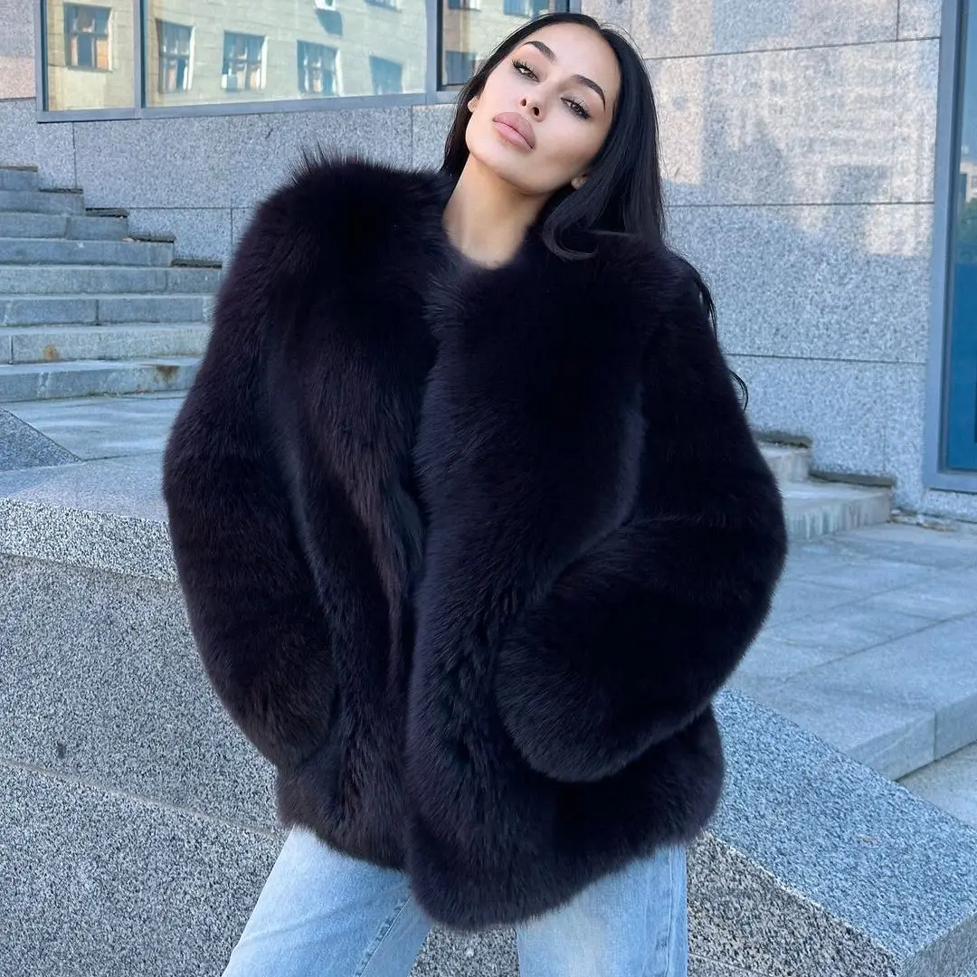 Mid-length Women Natural Fox Fur Jacket Round Collar High Quality Casual Winter Genuine Full Pelt Fox Fur Coats Luxury Woman