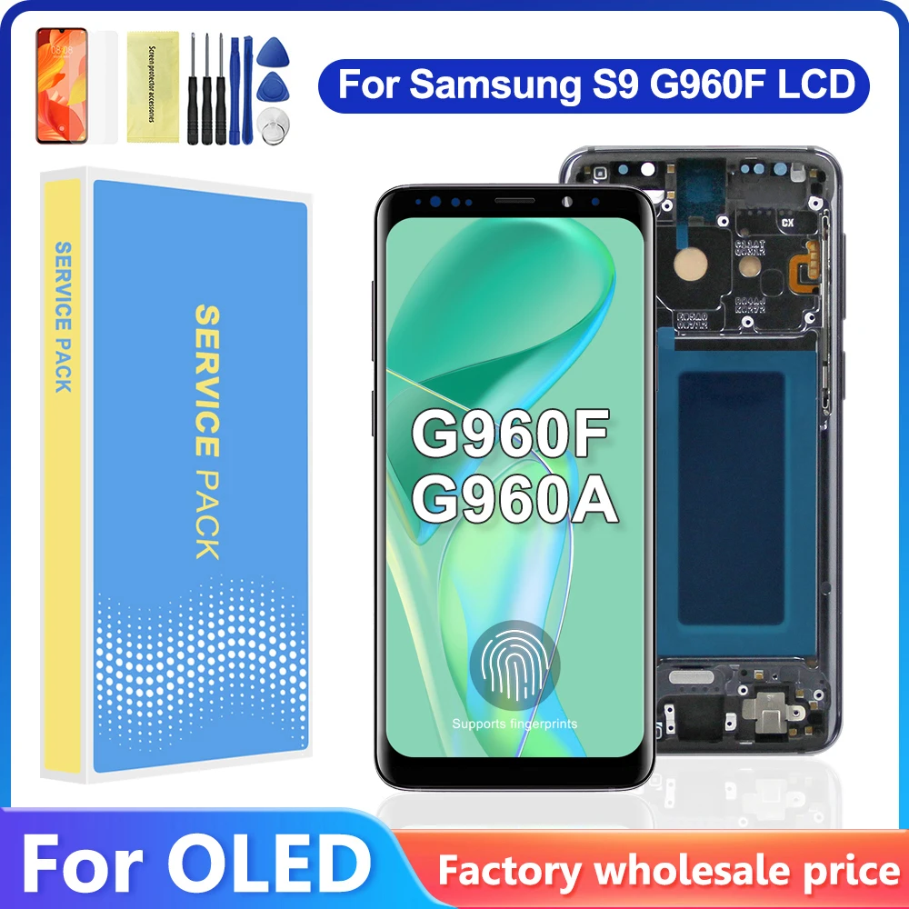 For AMOLED With Frame For Samsung S9 G960 G960F Touch Screen Digitizer LCD Display Assembly For Samsung S9 LCD