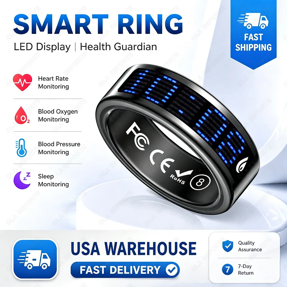 2026 New Smart Health Ring with LED Screen 24 Hour Heart Rate Blood Oxygen Sleep Monitoring Fitness Tracker Remote Camera Control Men Women Daily Wear Ring US Local Shipping