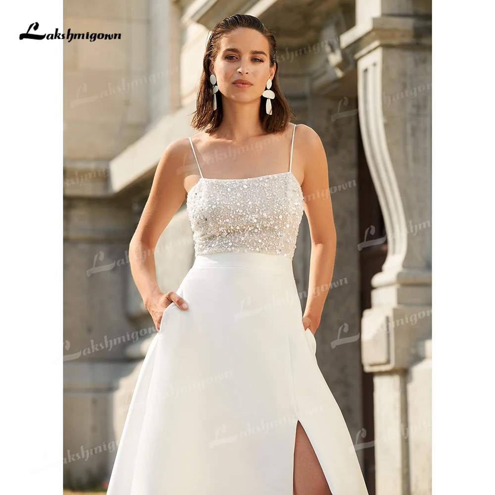 Lakshmigown spalline sottili con paillettes spacchi laterali superiori con tasca una linea abito da sposa per le donne 2025 Boho abito da sposa vestidos