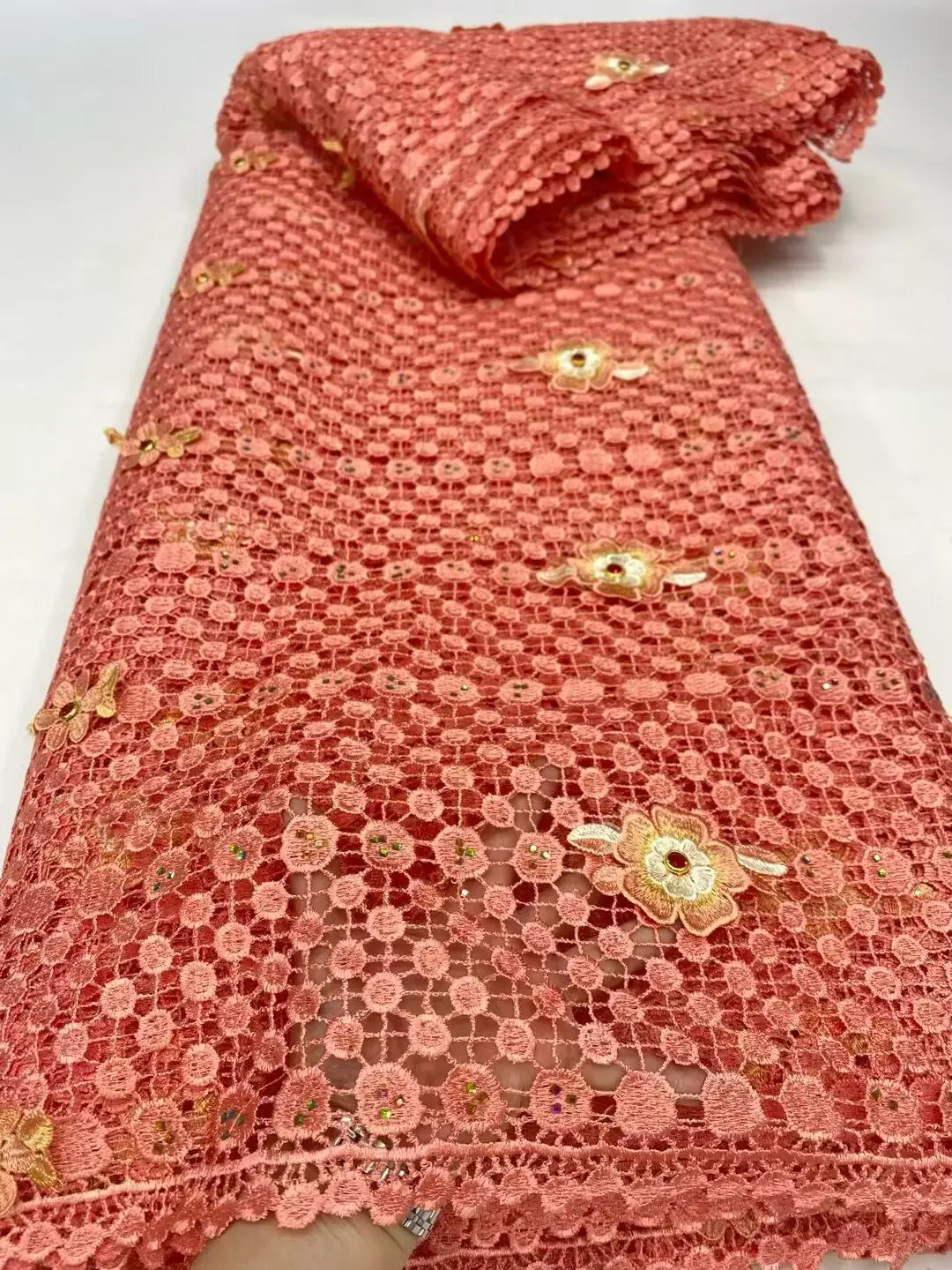 5 Yards High-Quality French African Soluble Stones Embroidery Lace Fabric for Women\'s Wedding Dress Sewing