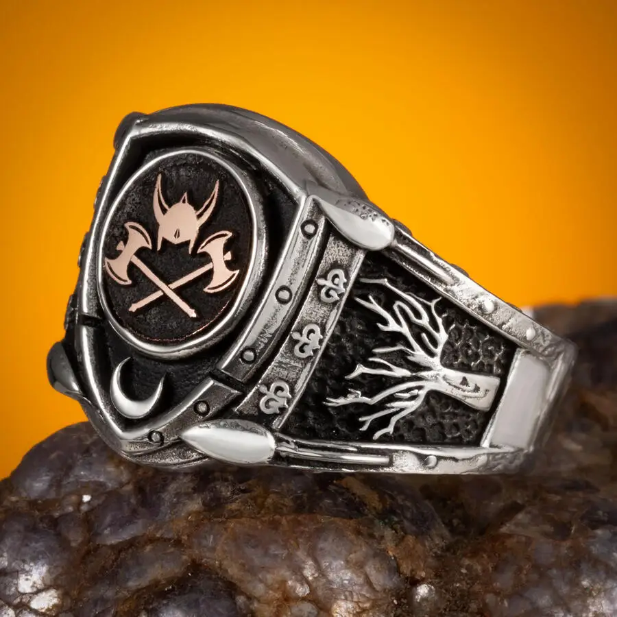 Silver Men's Viking Ring with Armor Model, Tree of Life, Helmet and Ax Motif