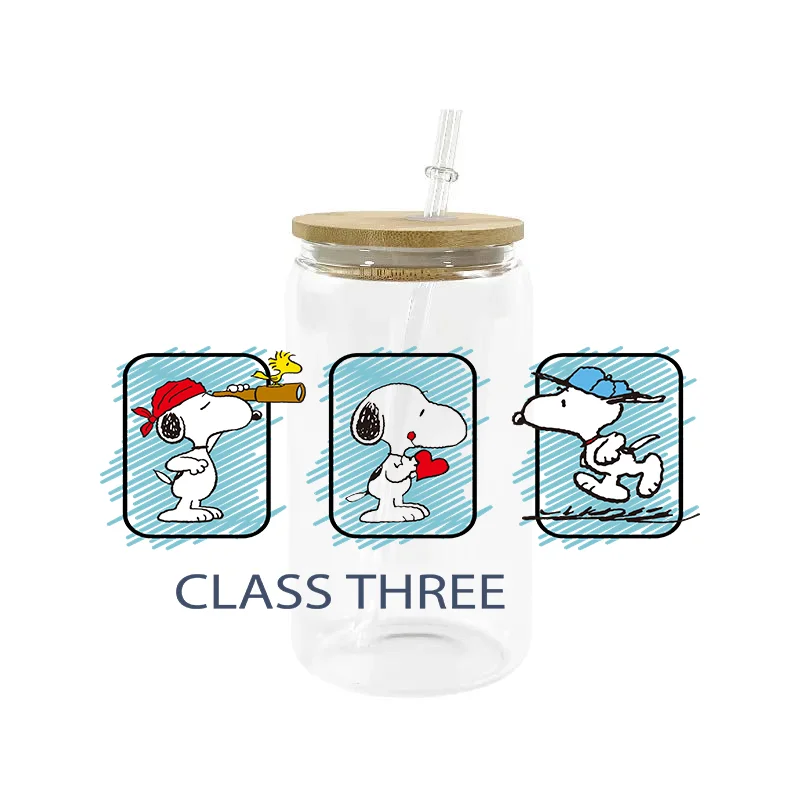 Miniso New Cartoon Snoopy 16OZ UV DTF Cup Wraps Transfer Sticker For Glass Libbey Can Bottle Selfadhesive Washable DIY