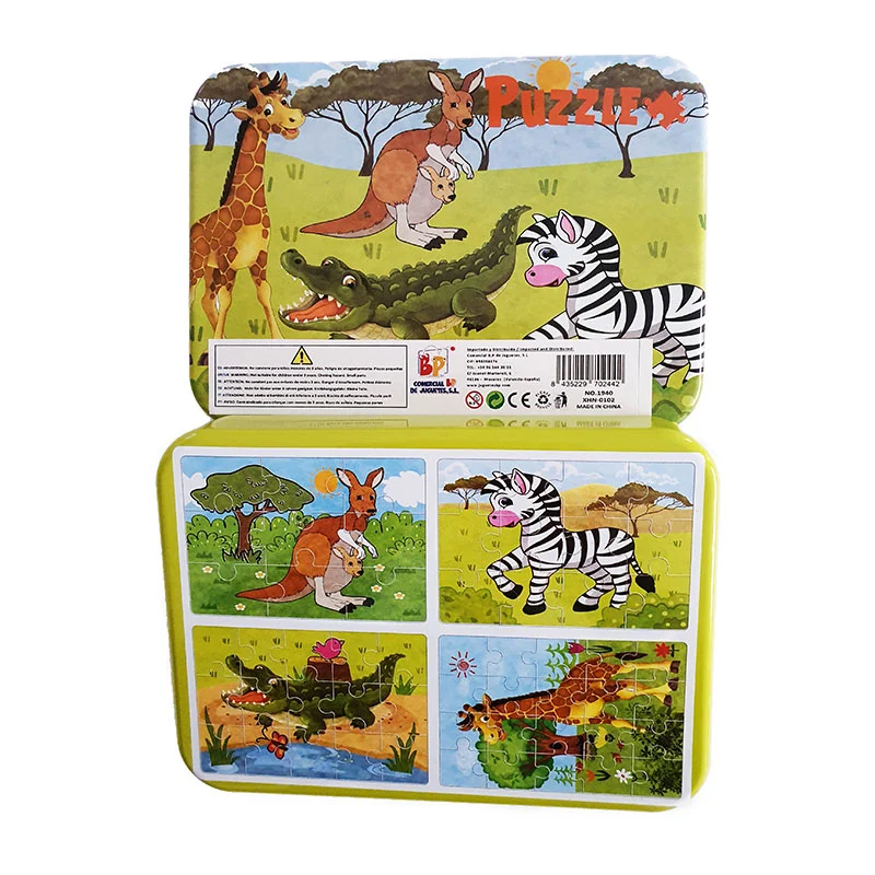 Kids toys 4 in 1 Multiple puzzles: wild animals kangaroo, zebra, crocodile and giraffe