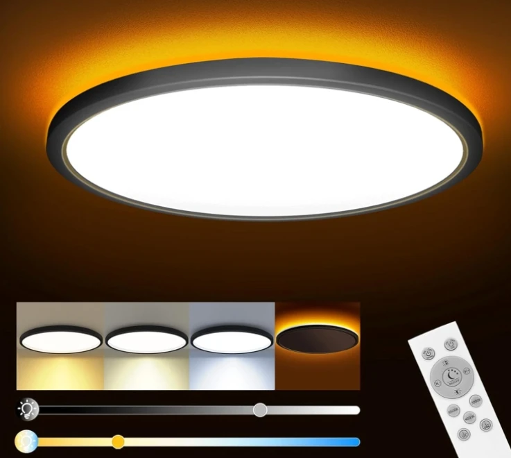 LED-plafondlamp met dimbare afstandsbediening, ultradunne inbouwspot met 3-kleurstemperatuur instelbare verlichting en een 1800K amberkleurig nachtlampje voor woonkamer, slaapkamer en trappenhuis.