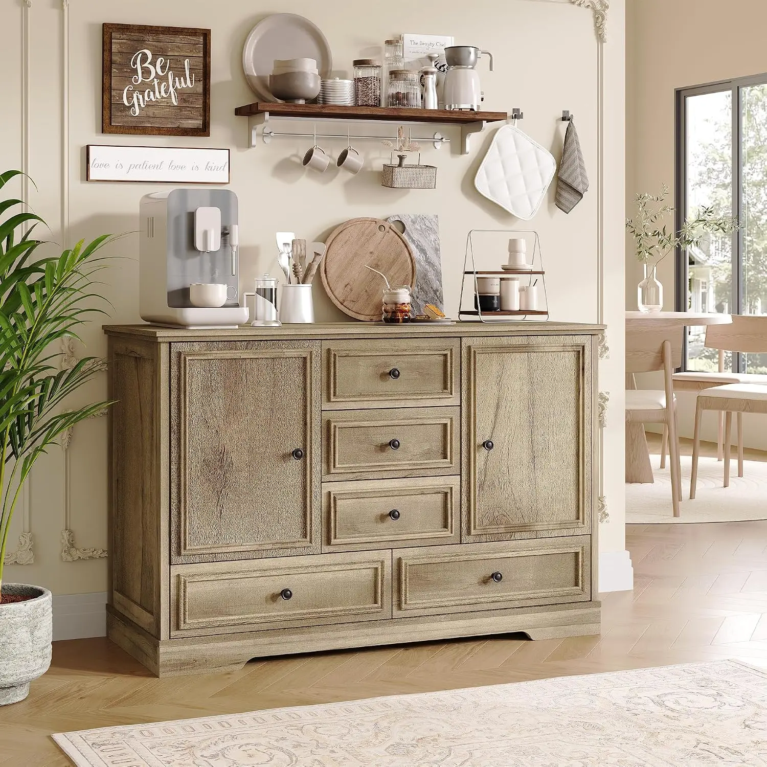 47” Farmhouse Sideboard Buffet Cabinet,5 Drawers,2 Doors,Oak Adjustable Shelves Provide Flexible Storage For Dinnerware, Kitchen Essentials, Decor, and Everyday Items In Any Room.