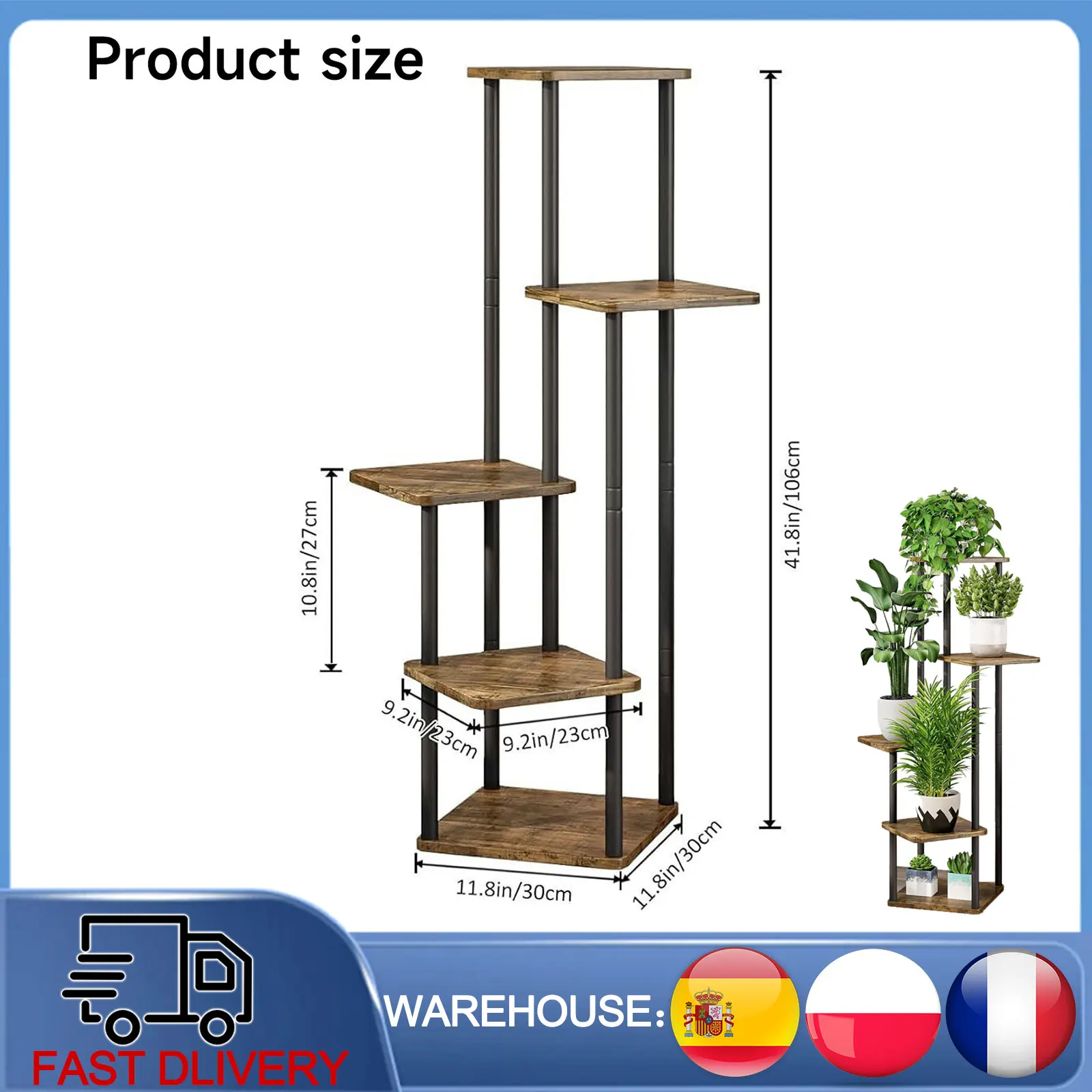 Support pour plantes, étagère à fleurs en métal à 5 niveaux antirouille avec patins ronds, présentoir à plantes polyvalent pour l'intérieur et l'extérieur pour 6 pots