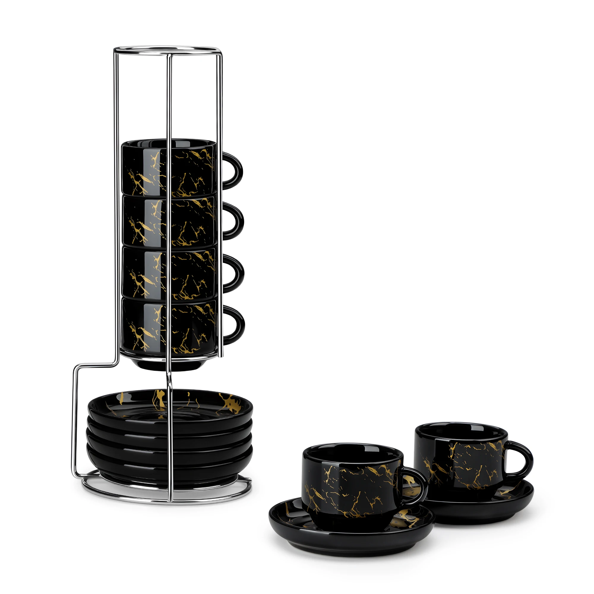 MALACASA 6/12-teiliges 3/5/9 Oz Schwarz-Weißes Porzellan-Tassenset mit Untertasse und Metallständer für Cappuccino, Espresso, Latte, Tee